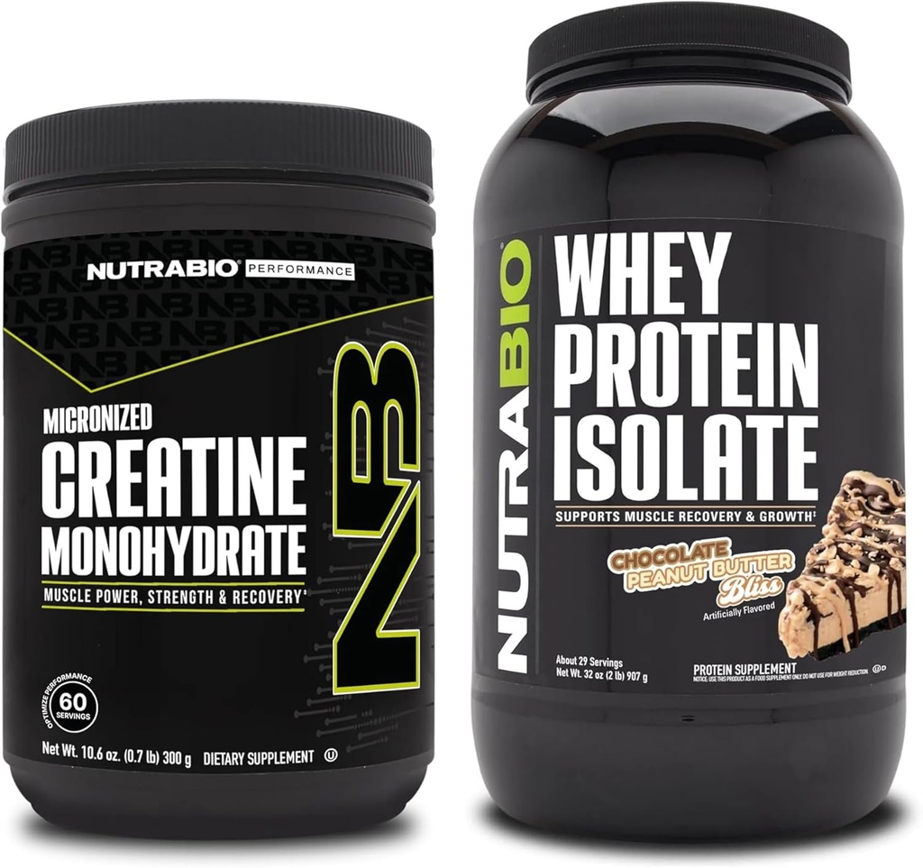 NutraBioクレアチンモノハイドレート、非風味、300gとウィープロテインアイソレート、チョコレートピーナツバター、サプリメントバンドル - 筋肉エネルギー、リーンマッスル成長、回復、および強さ