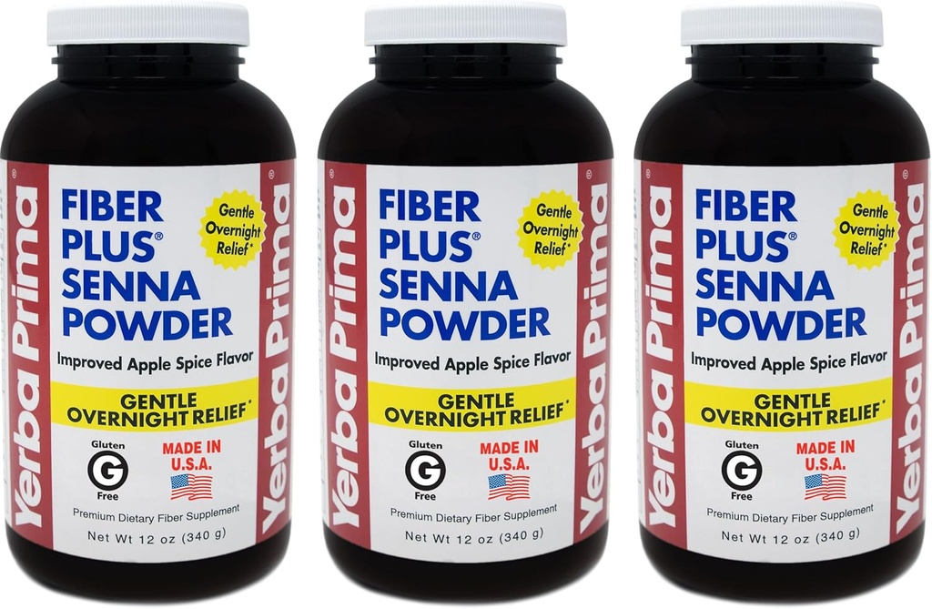 Yerba Prima Fiber Plus Senna Powder, 12 Ounce (Pack of 3) - for Short-Term Use to Restore Regularity, Improved Apple Spice Flavor, Stevia Sweetened, Provides Gentle Overnight Relief, Non-GMO
