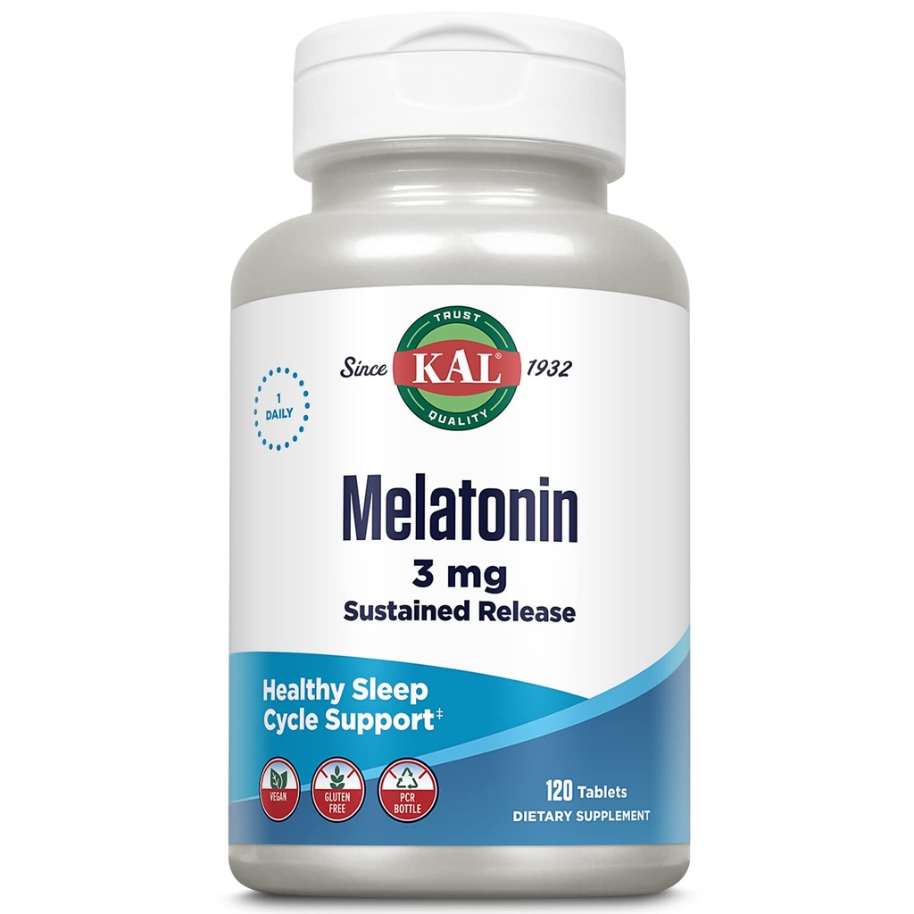 KALのMelatonin 3mgの持続的な解放の睡眠の援助、Melatoninの補足は健康な弛緩、カルムの感じおよび適切な睡眠周期、w/加えられたビタミンB6、ビーガン、グルテンフリー、120のサーブ、120のタブレットを支えます