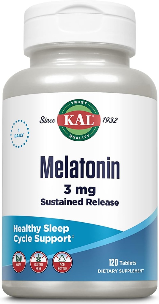 KALのMelatonin 3mgの持続的な解放の睡眠の援助、Melatoninの補足は健康な弛緩、カルムの感じおよび適切な睡眠周期、w/加えられたビタミンB6、ビーガン、グルテンフリー、120のサーブ、120のタブレットを支えます