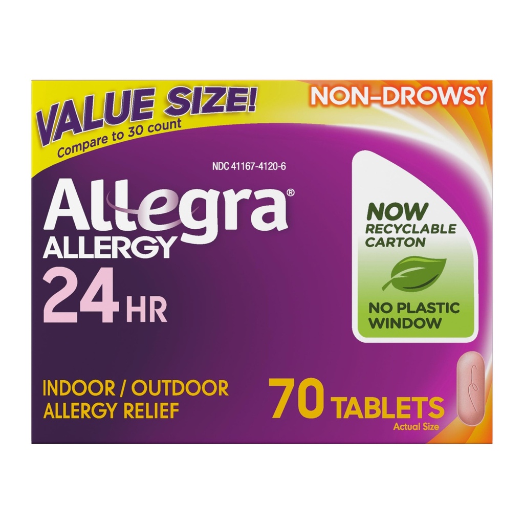 Allegraの大人の24時間のアレルギーの救助のタブレット、非眠気屋内および屋外のアレルギーの薬、180のmgのFexofenadine HCIのAntihistamineの丸薬、70カウント