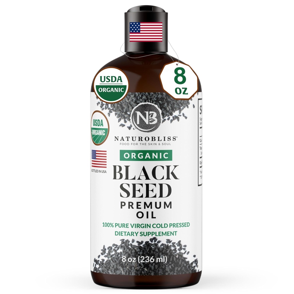 NaturoBlissの有機性黒い種のオイル100のバージンの風邪はOmegaを3 6の9の免疫サポート、接合箇所、移動性、消化器、毛皮のビーガン、グルテンフリー、非GMO USDAによって証明される8ozを押しました
