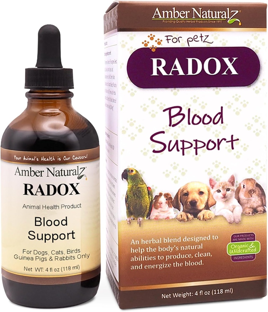 犬・猫・鳥・ギニア豚・ウサギ用 AMBER NATURALZ Radox Blood Support Herbal Blend for Dogs, Cats, Birds,Guinea Pigs, Rabbits | ハーバルペット用サプリメント 循環・鉄用 | 4液オンスグラスボトル | アメリカ製