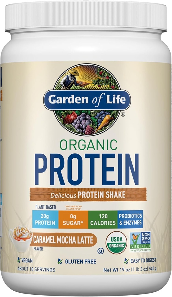 Garden of Life Vegan Protein Powder - Caramel Mocha Latte - 20g Plant Protein, BCAAs, Probiotics & Digestive Enzymes - Gluten-Free, Non-GMO