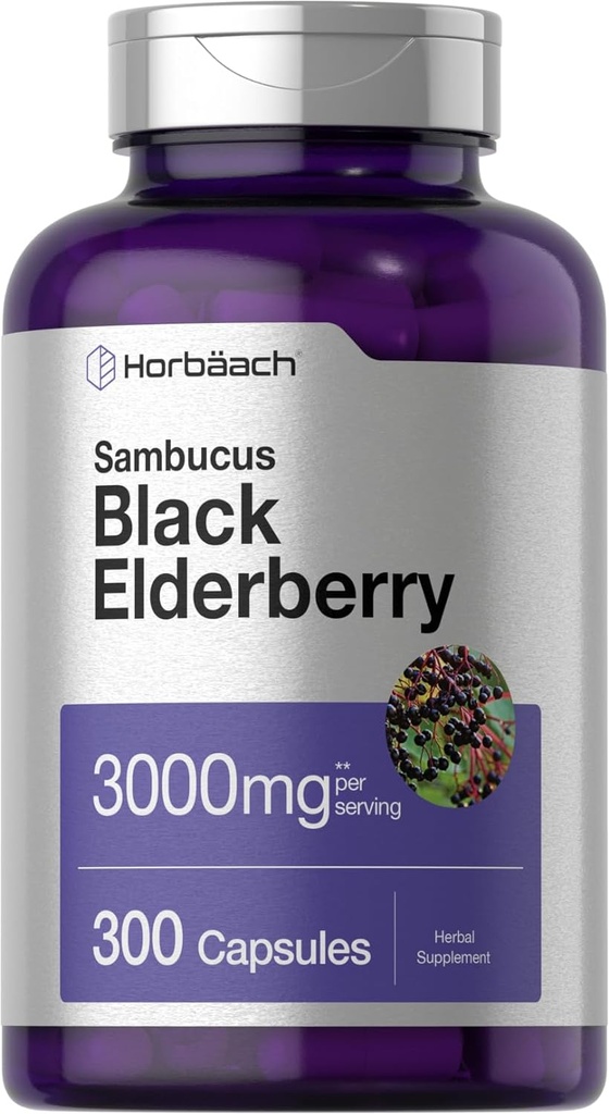Horbäach Black Elderberry | 3000mg Capsules | 300 Count | Non-GMO, Gluten Free | Sambucus Supplement