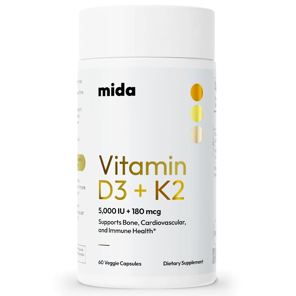 Mida Health® D3 K2 ビタミン 5000 IU with MK-7 | 骨の天然サプリメント, 心臓, 免疫サポート | 大人のビーガンカプセル | 60 サービング