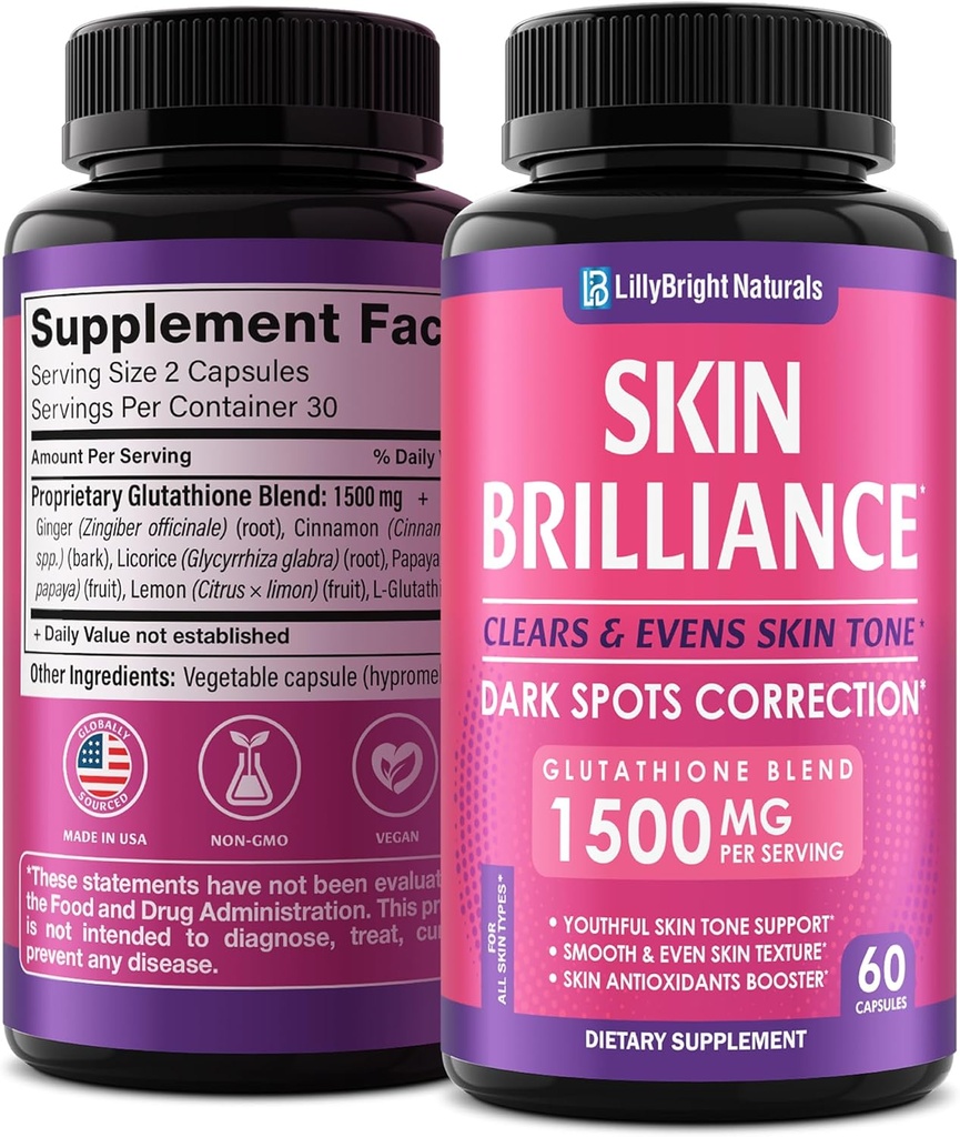 グルタチオンカプセル - ビタミンCと1,500mcg L-グルタチオンサプリメント - 皮膚トーンエンハンサー - ダークスポット&アインマークをターゲット - 強力な抗酸化剤 - 60スキンピル