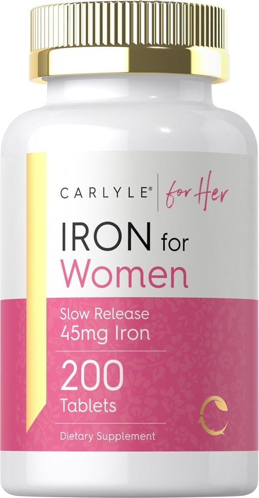 Carlyle Iron Supplement for Women | 45mg | 200 Slow Release Tablets | Vegetarian, Non-GMO, Gluten Free Pills | for Her