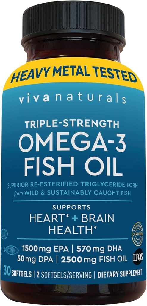 Viva Naturals Omega-3フィッシュオイル、トリプル強度、2500mg、30Softgels - EPA、DHA、DPAを含む再エステル化されたオメガ3脂肪酸 - Pascatarianフレンドリー