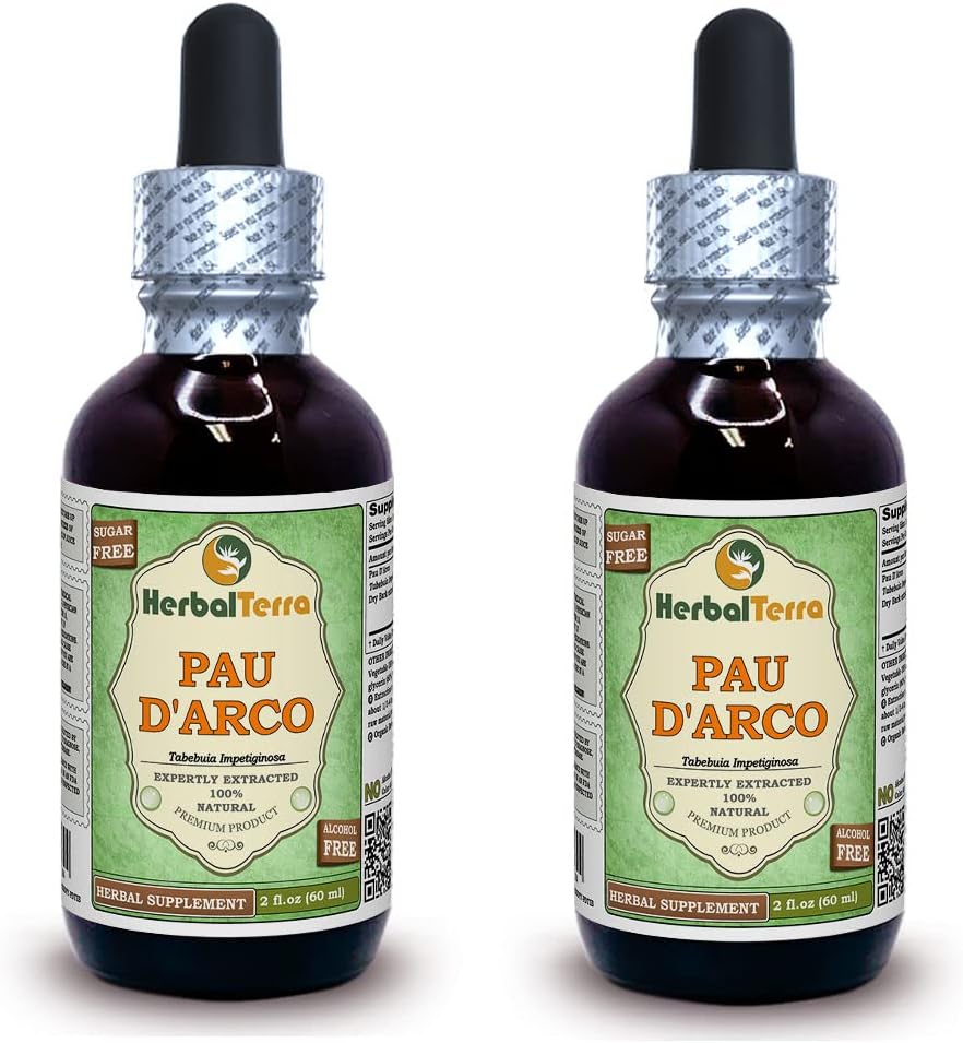 PAU d'arco (Tabebuia Impetiginosa) グリセライト, 乾燥樹皮アルコールフリー液体抽出物 (ブランド名: HerbalTerra, 間違いなく米国製) 2x2 fl.oz (2x60 ml)