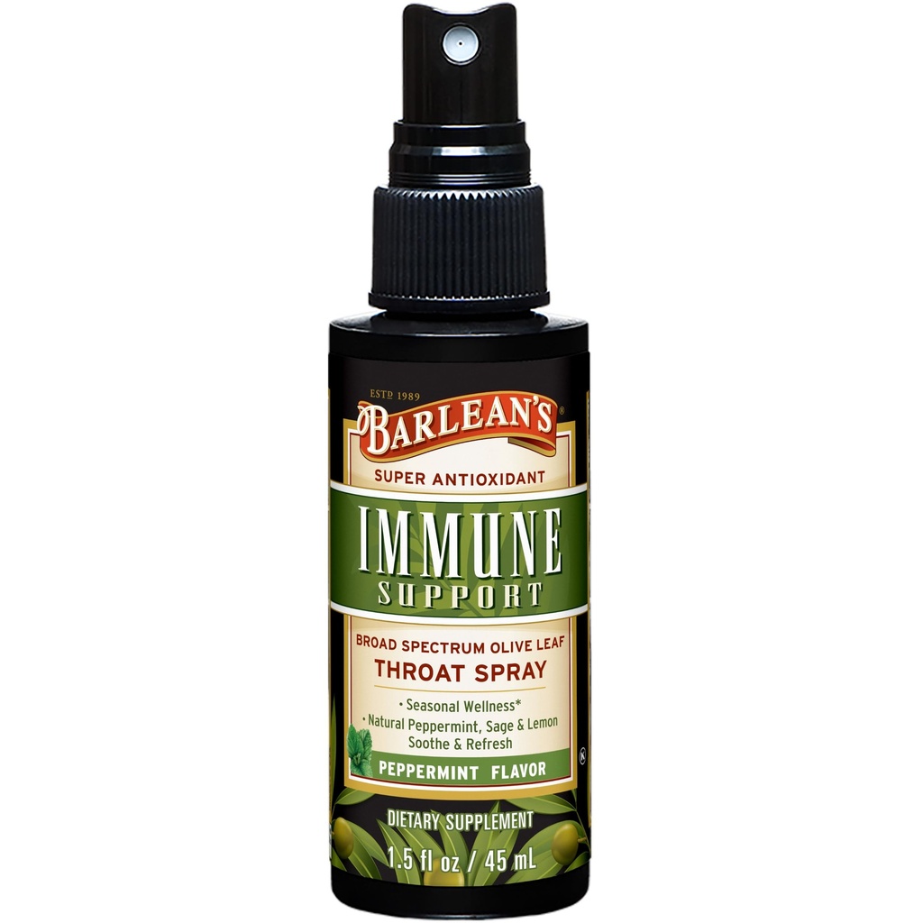 Barlean's Olive Leaf Complex Throat Spray、Peppermint、Lemon、Sage for Itchy Throat Rescue、Liquid Blended Extract、1.5 ozの免疫サポートサプリメント