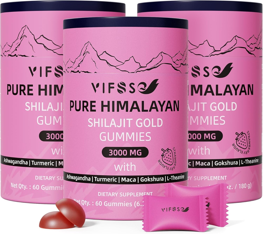 シラジット・グミー、3000 Mgシラジット・ピュア・ヒマラヤ・オーガニック、アシュワガンダ、男性と女性のためのターメリック・シュガーフリー・グミ、シラジット・サプリメント、非GMO自然シラジット・フォー・エナジー、180グミ
