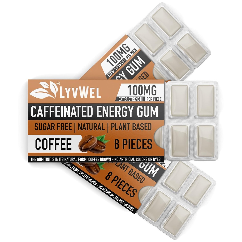 LyvWel Energy Gum | 100mgカフェイン per gem | 全てナチュラル | 砂糖フリー プレワークアウトブースト: あなたのエッセンシャル エネルギー サプリメント に Awake- 3 パック (コーヒー)