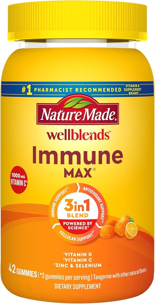 Nature Made Wellblends ImmuneMAXグミー、ビタミンC 1000mg +亜鉛、セレン、ビタミンD3 5000 IU、免疫サポートサプリメント、42グミー