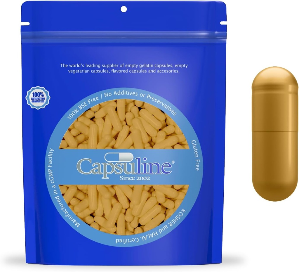 Capsuline Size 0 - Colored Gold Empty Gelatin Capsules - 100 Count - Empty Gel Pill Capsules - DIY Pure Bovine Pill Capsule Filling - Empty Caps - Kosher and Halal Certified