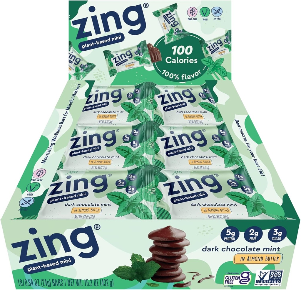 ジンダークチョコレートミントキッズプロテインバー、グルテンフリー100カロリーミニバーとハイプロテイン、ビーガン栄養バー、酪農場無料植物ベースのタンパク質、コーシャ、低砂糖、砂糖アルコール-18カウント