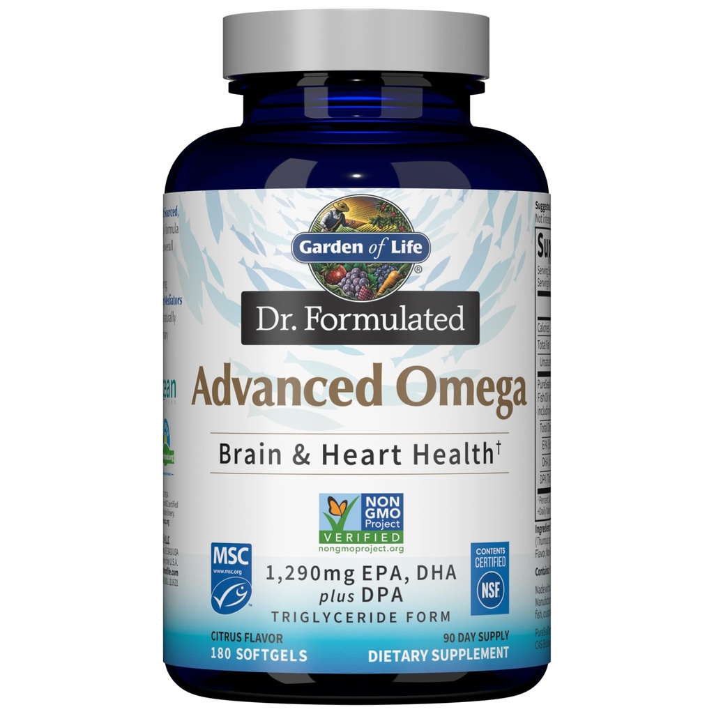 生命の庭 Dr. 配合高度なオメガ魚油 - レモン, 1,290mg EPA, DHA + トリグリセリドフォームのDPA, 単源オメガ 3 究極の脳と心臓の健康のためのサプリメント, GMO, 180 ソフトゲル