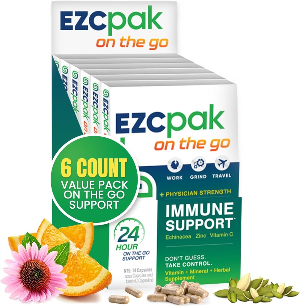 Echinacea、ビタミンC、亜鉛、免疫サポートサプリメント、大人のための免疫ビタミン、旅行フレンドリー包装、ベジタリアン、グルテンフリーの6パック