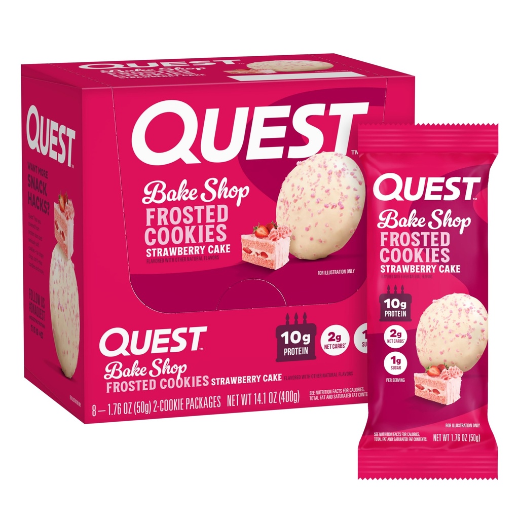 Quest Nutrition Frosted Cookies Twin Pack, Strawberry Cake, 1g Sugar, 10g Protein, 2g Net Carbs, Gluten Free, 16 Cookies