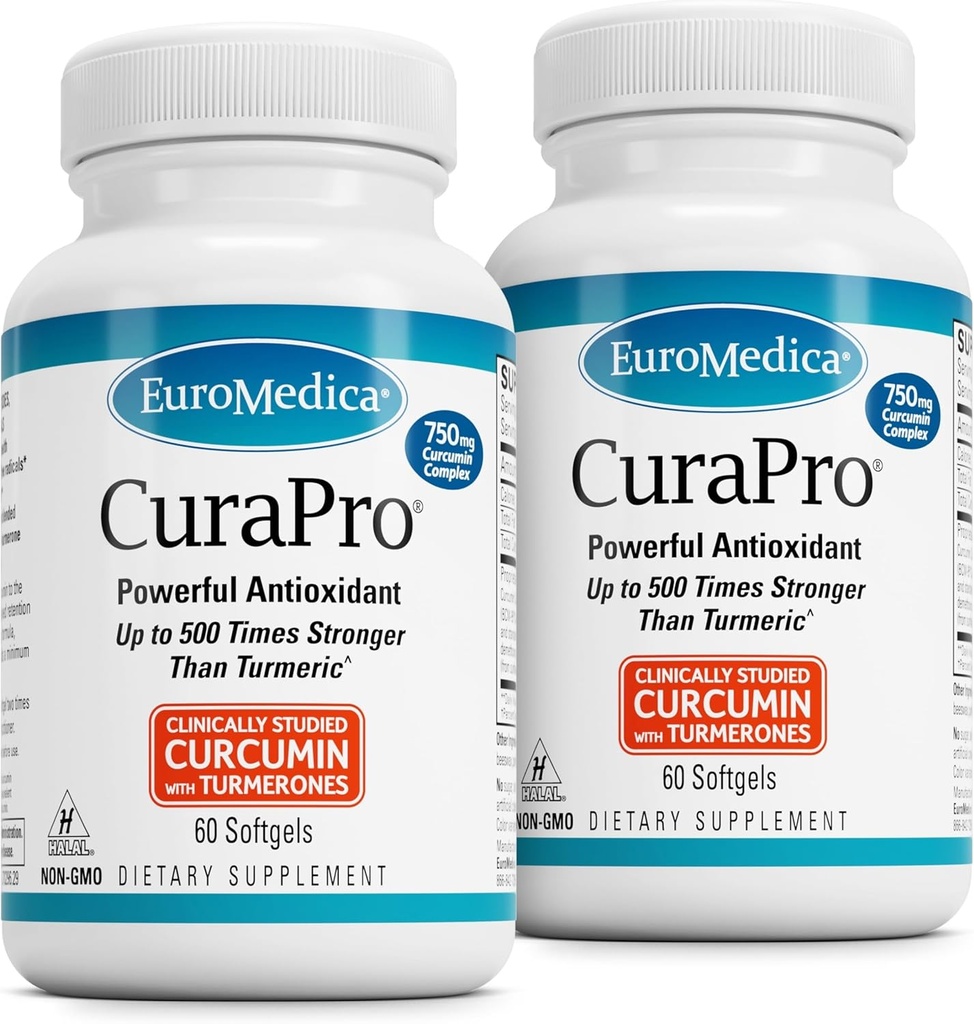 EuroMedica CuraPro - 脳と免疫の健康サポートのための抗酸化サプリメント - クルクミン&ターメリックエッセンシャルオイルと栄養補助食品 - ハーブライバサポート - 60ソフトゲル、2パック(120ソフトゲル)