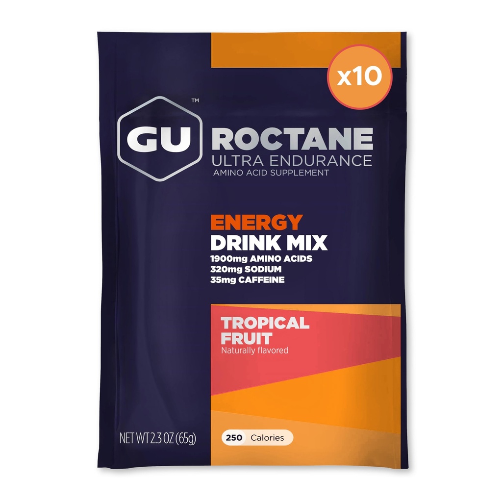 GUエネルギーロクタン超耐久性エナジードリンクミックス, 完全菜食主義者の, グルテンフリー, コーシャ, 35カフェインのmg, そして、任意のトレーニングのためのDairy-Free n-the-Goエネルギー, 10 シングルサービングパケット, トロピカルフルーツ