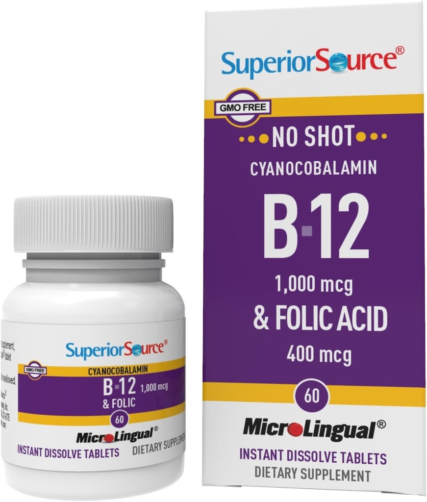 Superior Source No Shot Vitamin B-12 Cyanocobalamin 1000 mcg & Folic Acid 400 mcg - Offers Energy, Heart, Brain, & Stress Support - 60 Sublingual Dissolving Tablets