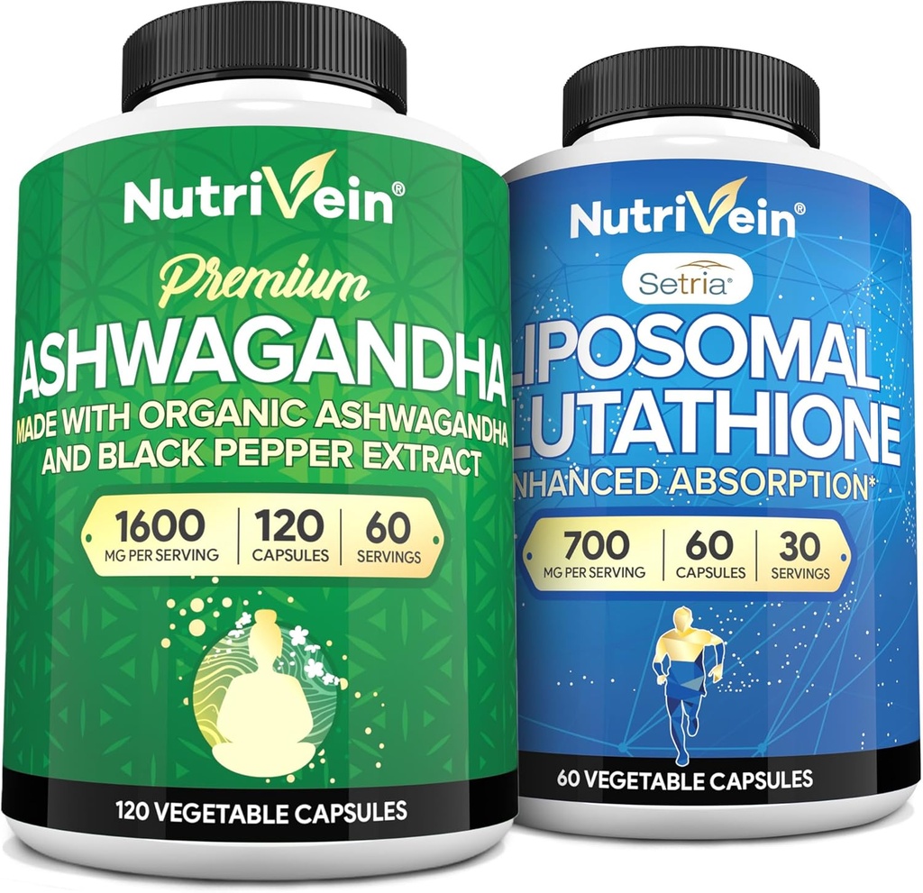 Nutrivein Premium Ashwagandha&Liposomal Glutathioneサプリメントバンドル:高吸収グルタチオンリポソームサプリメント&Ashwagandha免疫、バランス、バイタリティ、およびデトックスのためのサプリメント
