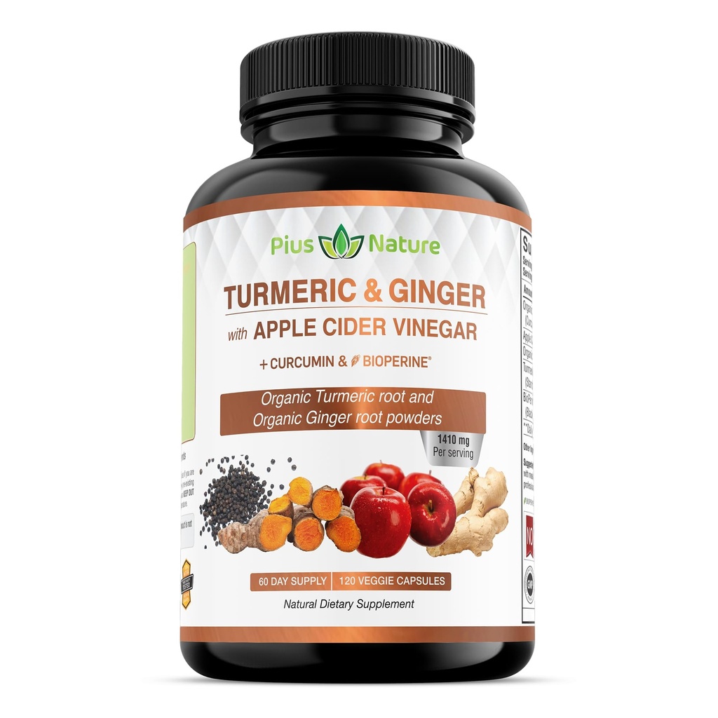 USDAオーガニックターメリックルートパウダー、USDAオーガニックジンジャーパウダー、Curcumin(95%クルクミノids)とBioperineの120カプセル、ベジギーカプセルで1便あたりの1410mg