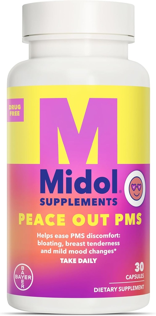 MIDOLは、PMS、PMSサポートサプリメントをピースアウトし、Chasteberryでフォーミュレートし、Ease Breast Tenderness&Mld Mood Changeを支援し、ジンジャーパウダー&Valeian Extract、30カウント