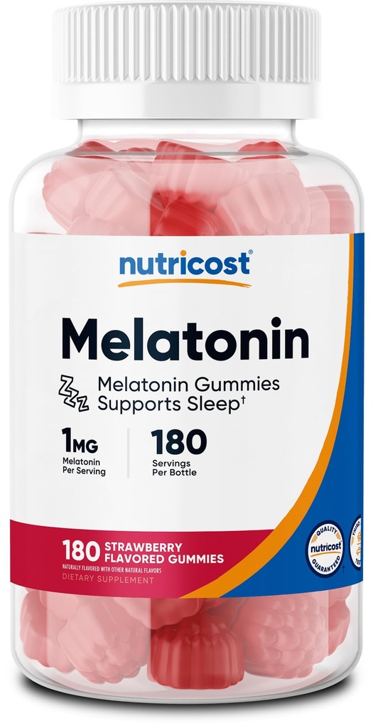 Nutricost Melatonin 1mg、180グミー、イチゴ風味 - グルテンフリー、非GMO、トウモロコシシロップなし