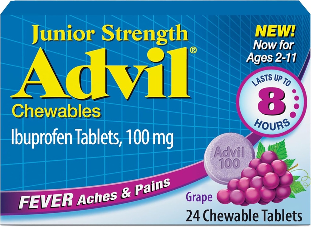 Advilのジュニア強さのChewable Ibuprofenの痛みのRelieverおよびFeverの減力剤、痛みの軽減、ブドウのための子供のIbuprofen - 24のタブレット