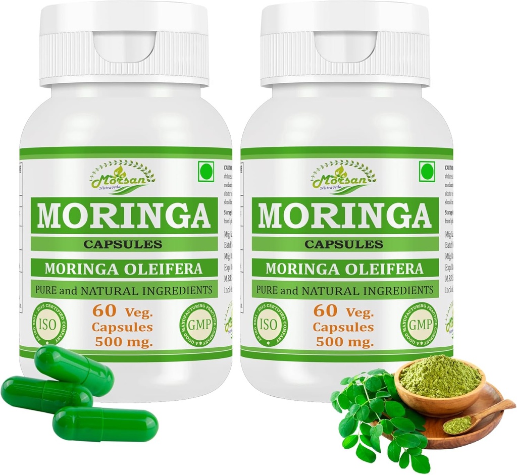 Natural and Pure Herbal Moringa OLEIFERA (Moringa, Sahijan) Extract Capsules | Highest Potency, 100% Herbal Product | Pack of 60 X 500 mg. Veg. Capsules (Pack of 2 Jar)