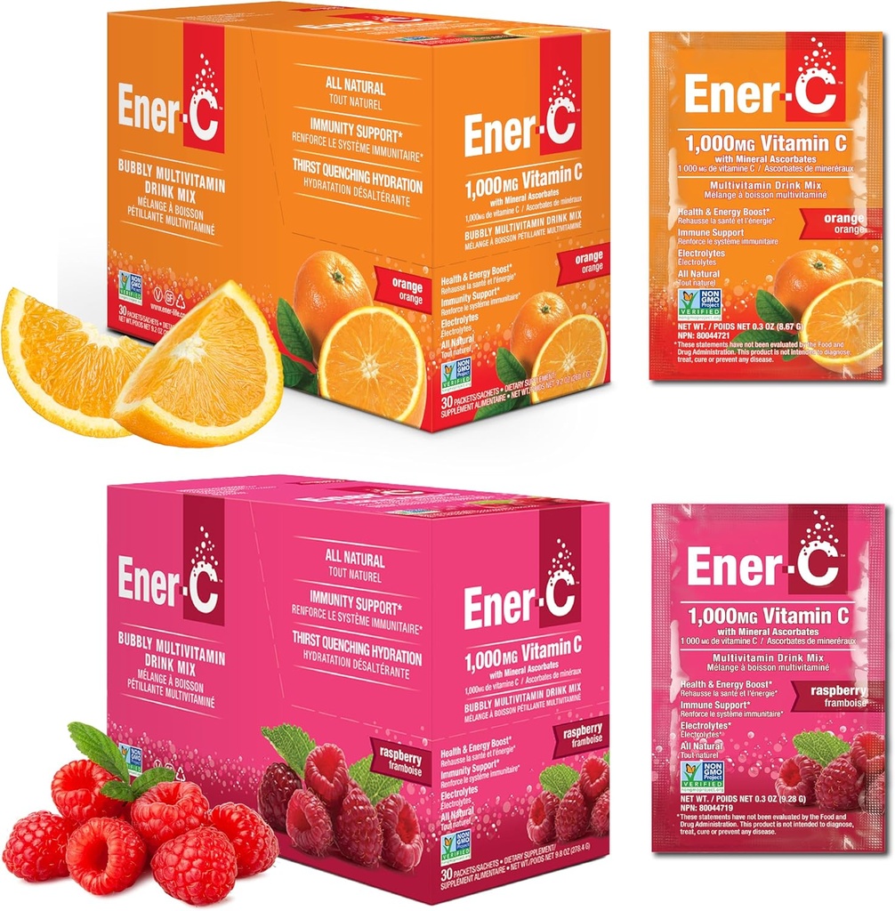 Ener-C オレンジ & ラズベリー マルチビタミン ドリンク ミックス パウダー ビタミン C 1000mg & リアル フルーツ ジュース 自然エネルギー & 女性のための免疫 サポート & 男性 - 非 GMO ビーガン & グルテンフリー - 60 カウント