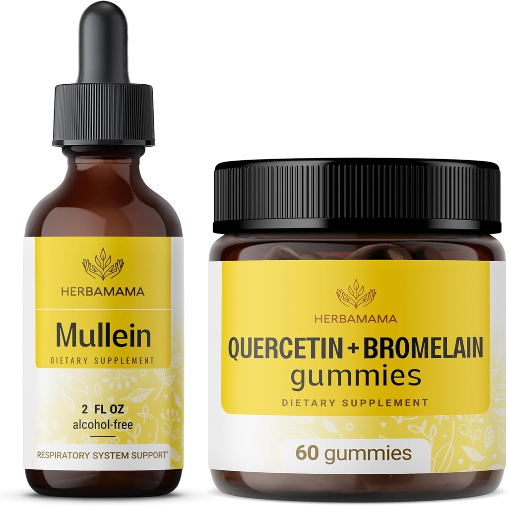 HERBAMAMA Mulleinの葉のエキスおよびケルセチンのグミーのキット - Mulleinの葉の束は2つのflのozおよびBromelainのグミーと800のmgのケルセチンを取り除きます - ビーガン、非GMO、アルコールフリー - 2のパック-