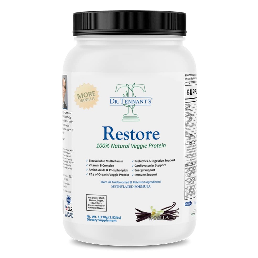 Dr. Tennant's Restoreバニラベジープロテイン | プレミアムプラントベースのプロテイン - 100%ナチュラル&オメガ3フュージョン、ペアプロテインアイソレートを含む - 低炭水化物、ケト、乳製品無料 - 30日の供給