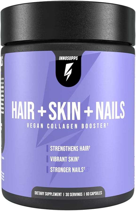 InnoSupps Hair + Skin + Nail Supplement | ビーガンコラーゲンブースター | ビオチン、B12、ホーステールハーブパウダー | 毛の成長を刺激し、皮膚を活性化し、爪を強化 | 60 カプセル