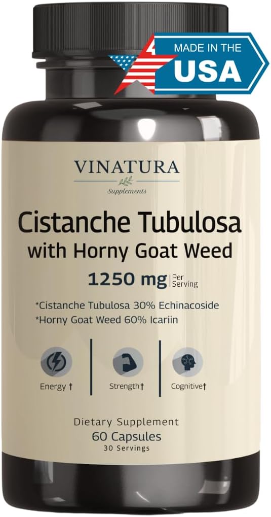 VINATURA Cistanche with Horny Goat Weed 60% Icariin - 1250mg perサービング、Citanche Tubulosa、Citanche Supplement Men、エネルギー、強度認知 *米国製およびテスト済み* - 60カプセル30サービング