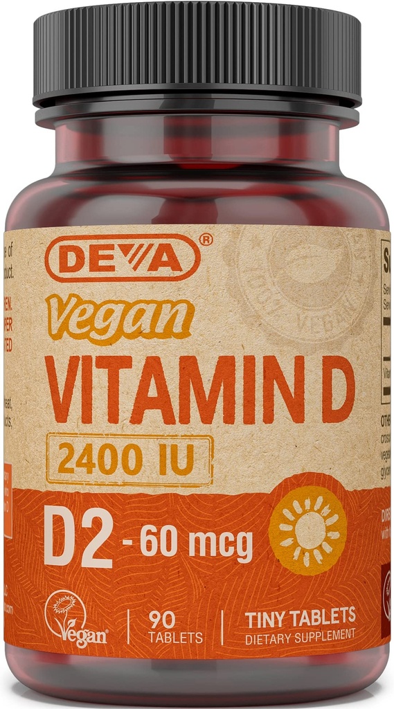 DEVAビーガンビタミンD2 60 mcg 2400 IU、動物成分なしのエルゴカルセロールサプリメント、90錠、1パック