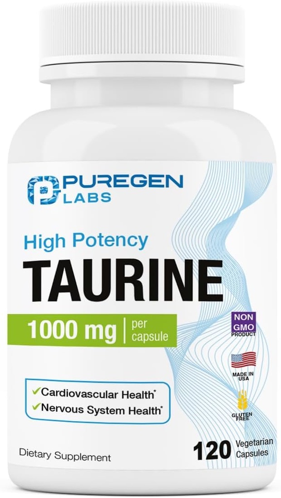 ピュアゲンラボ タウリン1000mg [高い効力] 120 ベジ カプセル | 有害な添加剤なし | 非GMO、グルテンフリー、酪農サポート 心の健康と筋肉の回復 | 120 サービング | アメリカ製