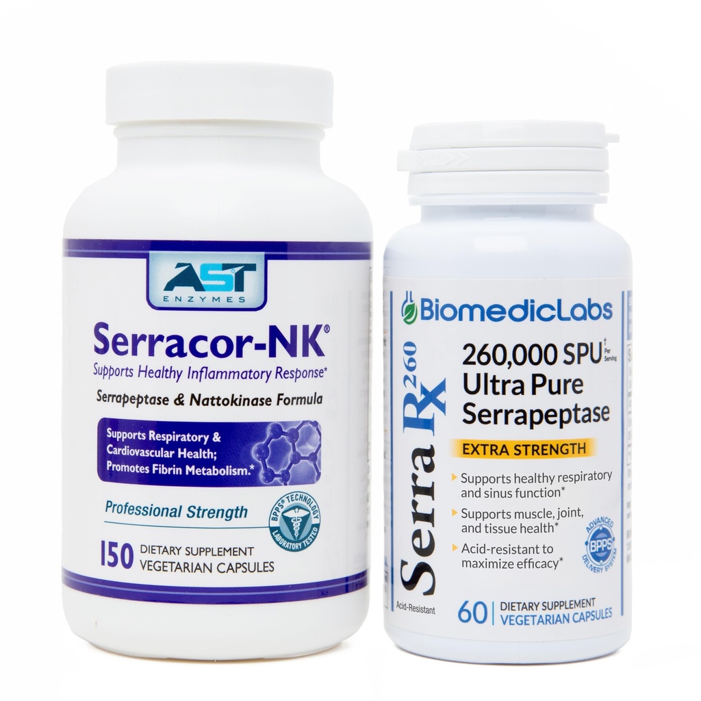 Serracor-NK&Serra-RX 260,000 SU - スカーティッシュバンドル(150カプセル&60カプセル) - 酸抵抗セルプターゼプロテオリン系酵素、呼吸器&肺サポート