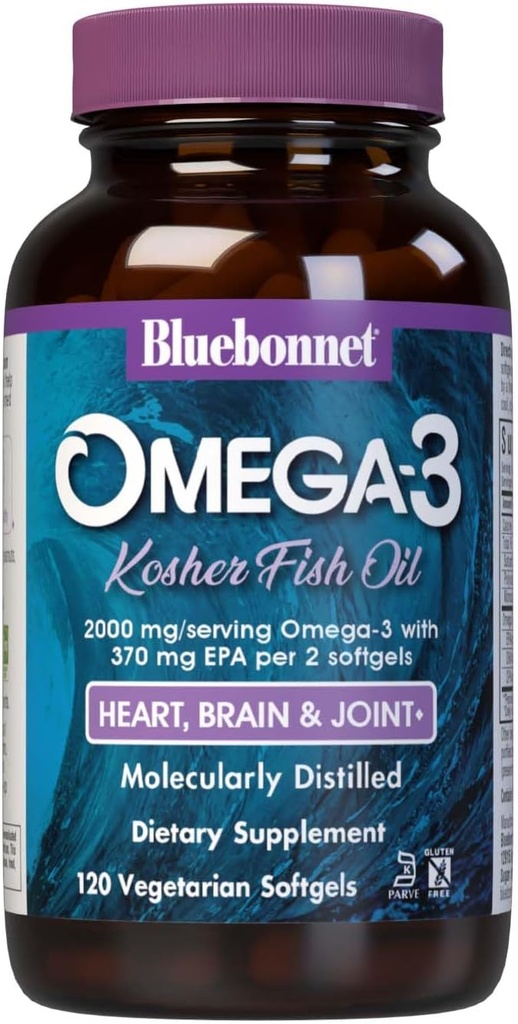 Bluebonnet Nutrition Omega-3 Kosher Fish Oil、ナチュラルトリグリセリドフォーム、グルテンフリー、Dairy-Free、Kosher認定、非GMO、3rd Party Tested、Molemally Distilled、120ベジタリアンSoftgel、60サービング