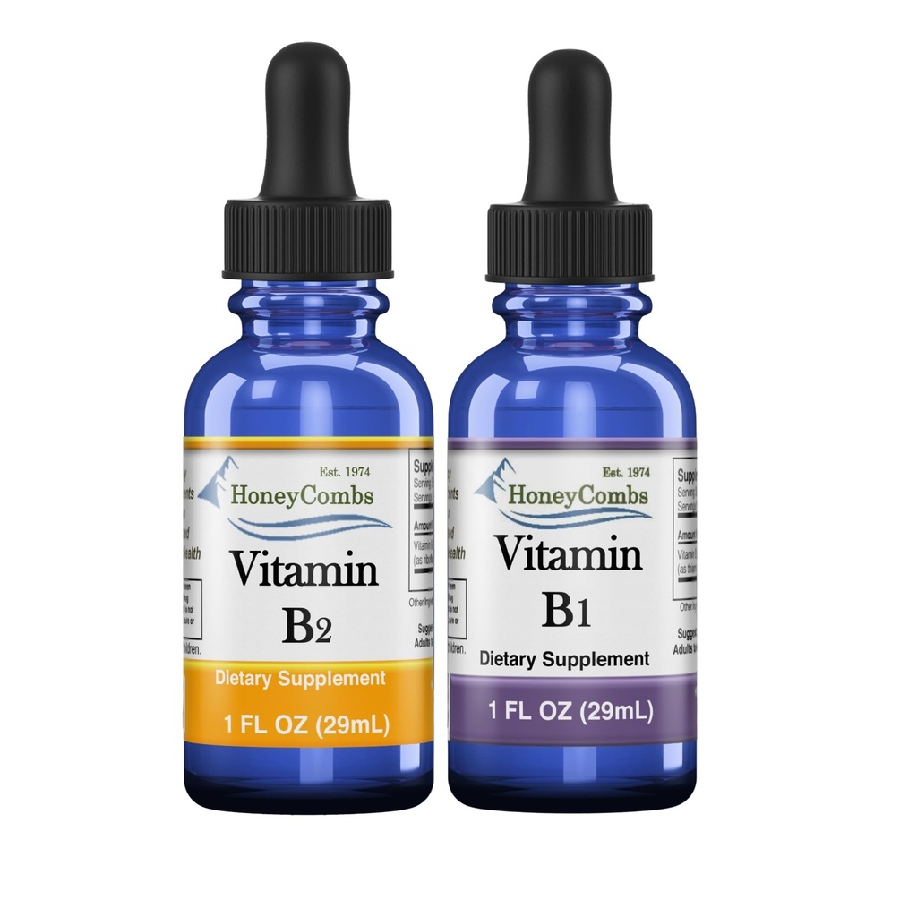 HoneyCombs High Potency Vitamin B1 (Thiamine) & B2 (Riboflavin) Drops – Vegan, Non-GMO, Alcohol-Free Liquid for Health, Digestion, Hair, Skin & Nails