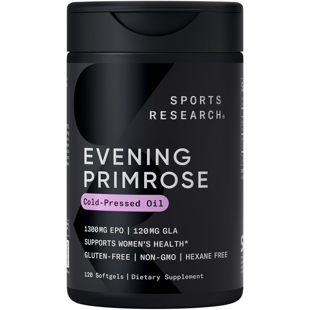 スポーツリサーチ® イブニングプリムローズオイル1300mg、120カプセル - 10% GLA、コールドプレス、グルテンフリー&大豆無料