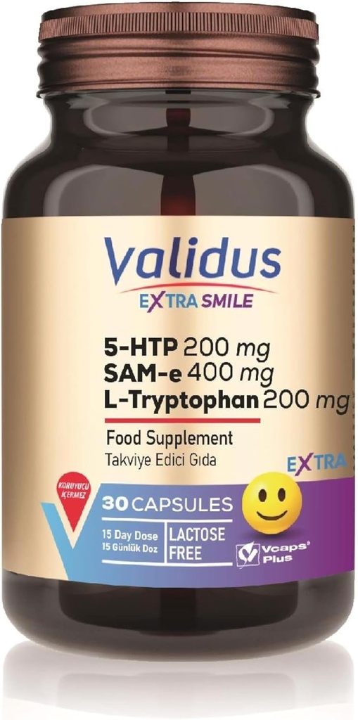 VALIDUSエクストラスマイル5-HTTP 200mg + L-トリプトファン200mg + Sam-e 400mg 30カプセル(Vcaps Plus)