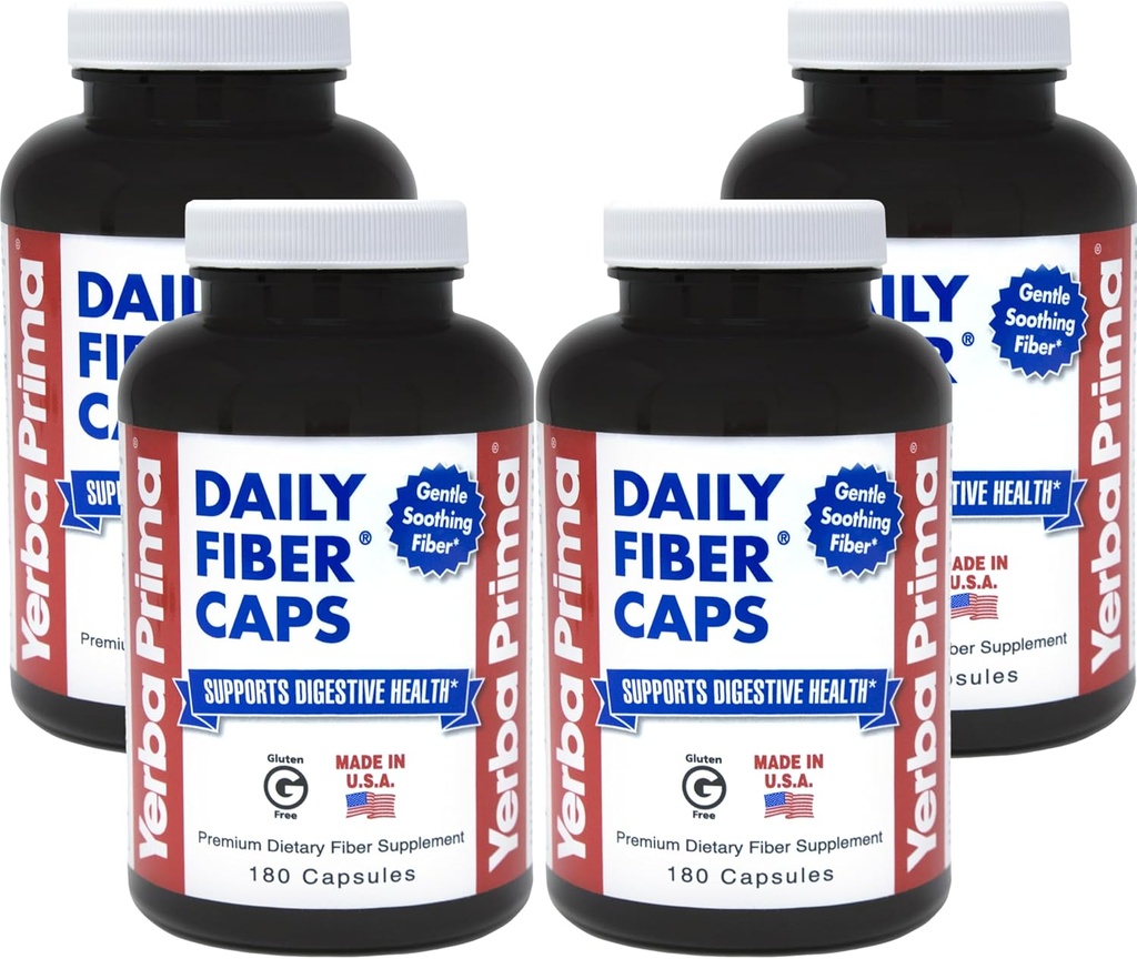 Yerbaプリマデイリーファイバーキャップ - 180カプセル、(パッケージ4) - 容解性&不溶性の食物繊維サプリメント - コロンクレンズ - 腸の健康 - ビーガン、非GMO、グルテンフリー