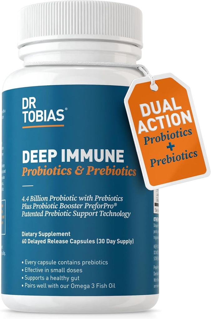 Dr. Tobias Deep Immune Probiotics & Prebiotics、PreforPro PrebioticsとDual Action Digestion & Immune Support、Delayed Release、Probiotics for Women & Men、60カプセル、30サービング