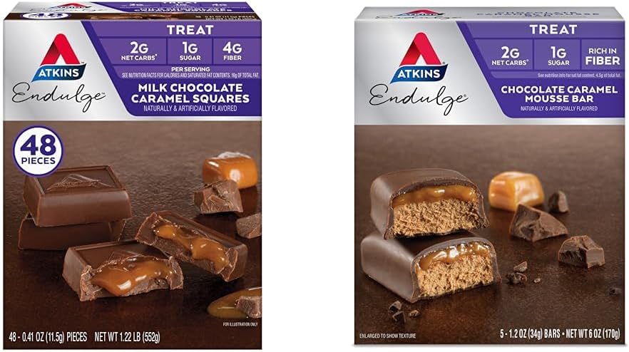 Atkins Endulgeミルクチョコレートキャラメルスクエア48カウント&チョコレートキャラメルムースバー5カウントバンドル