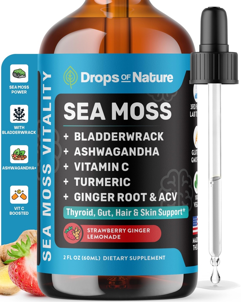 アシュワガンダ&ターメリック液ドロップ - ビタミンC、海苔、Apple Cider Vinegar、Bradderwrack - 包括的なウェルネスサポート&バイタル免疫のためのビーガン液体ドロップ(イチゴジンジャーLemonade、60mL)
