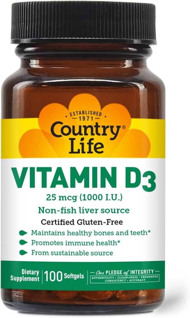 カントリーライフビタミンD3、非魚1000 IU、100 Softgels、証明されたグルテンフリー
