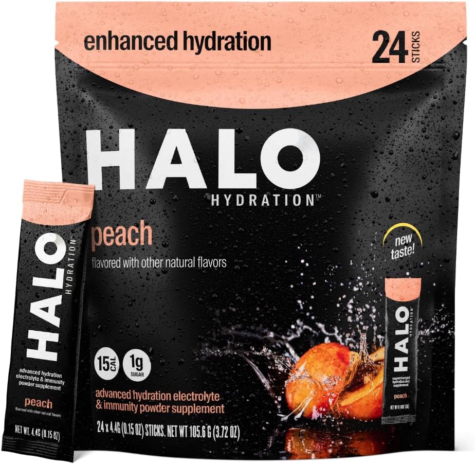 Halo Hydration Electrolyte Powder Packets – Peach - 24 Servings (5g Each) - Organic Hydration Drink with Low Sugar + Essential Vitamins + Minerals - Vegan
